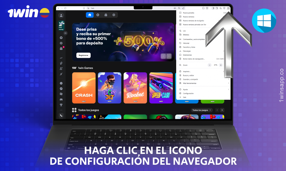 Haga clic en el icono de configuración del navegador para descargar la aplicación 1win para Windows
